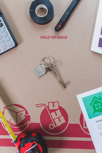 A flat-lay image features various items related to house removals and packing sitting on a light brown surface. Visible objects include a black marker, a roll of black tape, a silver key attached to a keychain with a house-shaped charm, and a calculator. Part of a white tablet or document with coloured graphics is seen on the right side. A portion of a yellow tape measure and red measuring tape are also present. The cardboard surface displays red printed instructions reading 'FOLD TO HOLD' and icons illustrating packing and moving processes, such as boxes and circular arrows. These objects and markings collectively suggest a preparation or planning stage for home relocation, showcasing items involved in packing, securing, and transporting household goods. The scene emphasizes the organized and professional approach of Man With a Van Holloway during furniture transport and removal services.