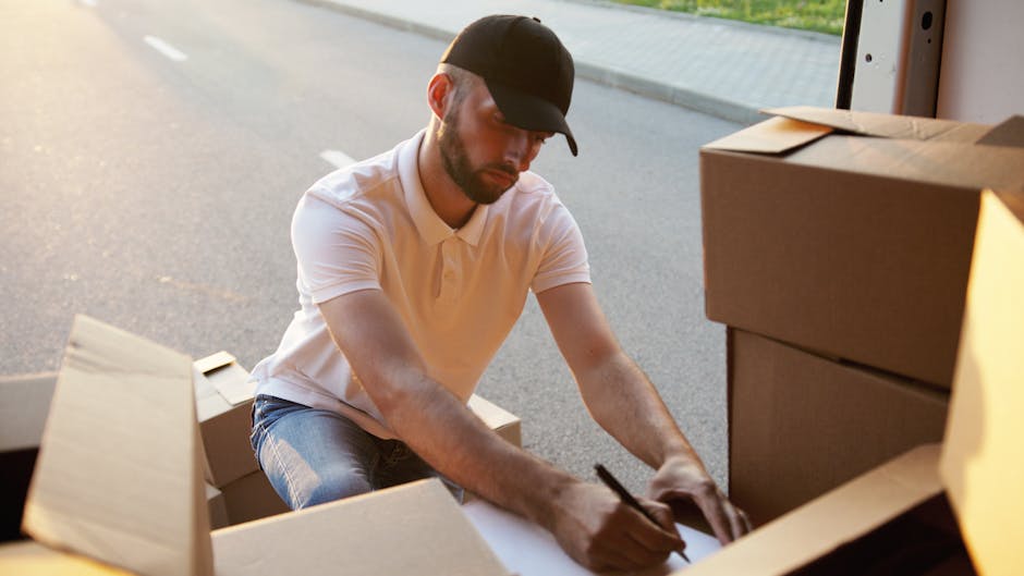 A man wearing a black baseball cap, white polo shirt, and jeans is kneeling on the pavement outside a property, surrounded by open cardboard moving boxes. He is using a black marker to label one of the boxes, indicating packing and preparation for a home relocation. Several other boxes of varying sizes are stacked nearby, some sealed with packing tape while others are open, revealing bubble wrap and packing materials inside. The setting appears to be during daylight with natural light illuminating the scene. The background includes a vehicle door frame and an open door leading into the property, suggesting a loading process involving furniture transport or removals. This image, associated with Man With a Van Holloway, reflects aspects of packing, loading, and logistical planning typical of house removals services in the Holloway area.