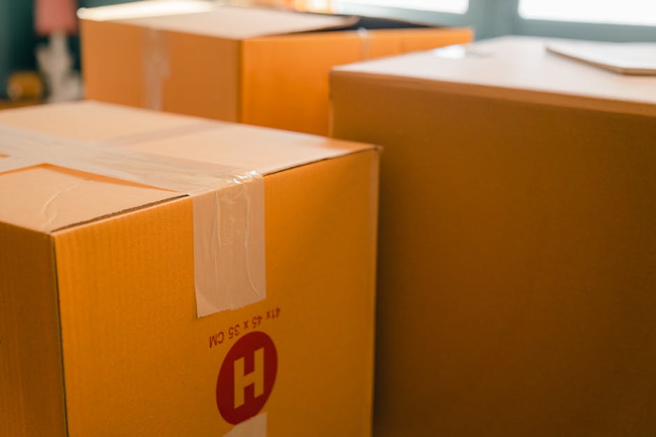 Two movers are preparing to load a small, open-back van parked outside a building that appears to be a shop or restaurant with a blue exterior and gold signage. One mover is holding a pack of cardboar